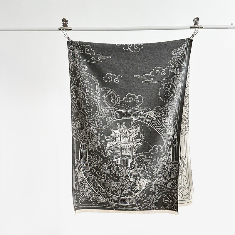 Buddha Stones、秋のパビリオン、鯉、花、波模様の心地よいスカーフショール - image 3