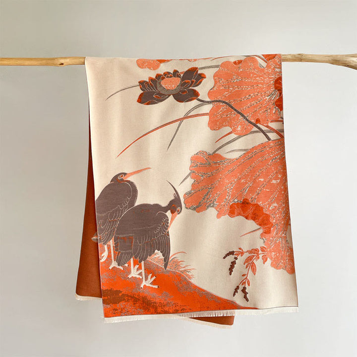 Buddha Stones、冬、コウノトリ、鳥、蓮の花、葉の模様、ソフトスカーフショール - image 1