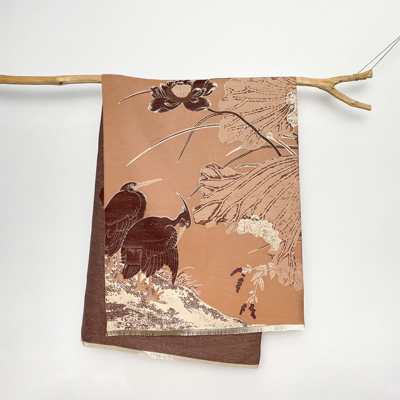 Buddha Stones、冬、コウノトリ、鳥、蓮の花、葉の模様、ソフトスカーフショール - サンディブラウン - 180×65cm - image 12
