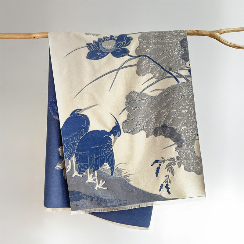 Buddha Stones、冬、コウノトリ、鳥、蓮の花、葉の模様、ソフトスカーフショール - スチールブルー - 180×65cm - image 8