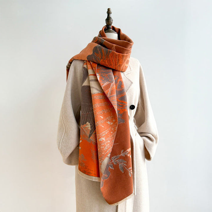 Buddha Stones、冬、コウノトリ、鳥、蓮の花、葉の模様、ソフトスカーフショール - image 3