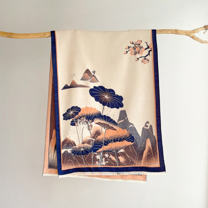 Buddha Stones、冬の山、蓮の花、葉の模様、ソフトスカーフショール - 海軍 - 180×65cm - image 13