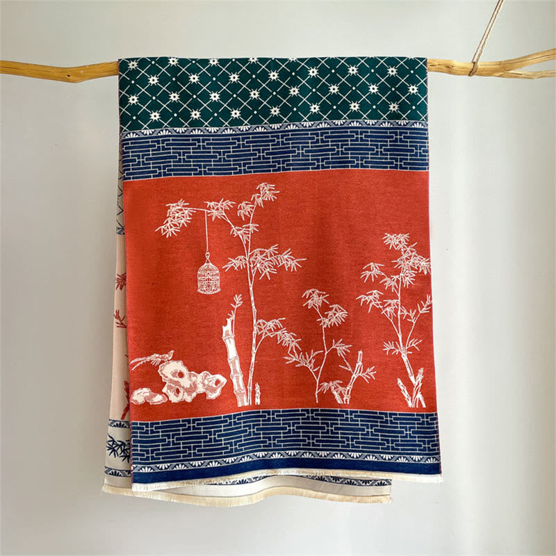 Buddha Stones冬 竹の葉 小鳥柄 心地よいスカーフ ショール - image 1