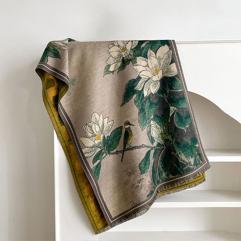 Buddha Stonesと冬の白いマグノリアの花、小鳥の模様の暖かくて心地よいスカーフショール - image 1