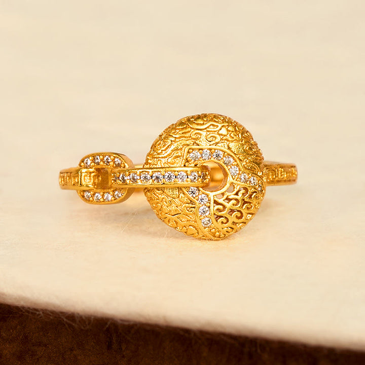 Buddha Stones 24Kゴールドメッキ真鍮平和のお守りチャーム調節可能幸運繁栄リング - image 2
