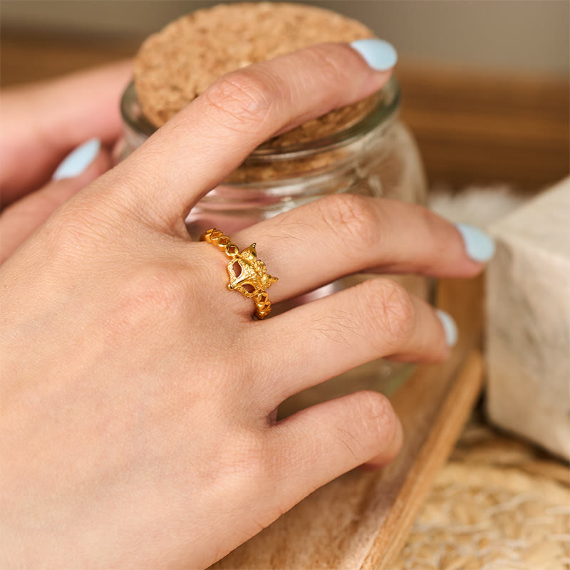 Buddha Stones 24Kゴールドメッキ真鍮フォックスコイン中空デザイン調節可能リング - image 5