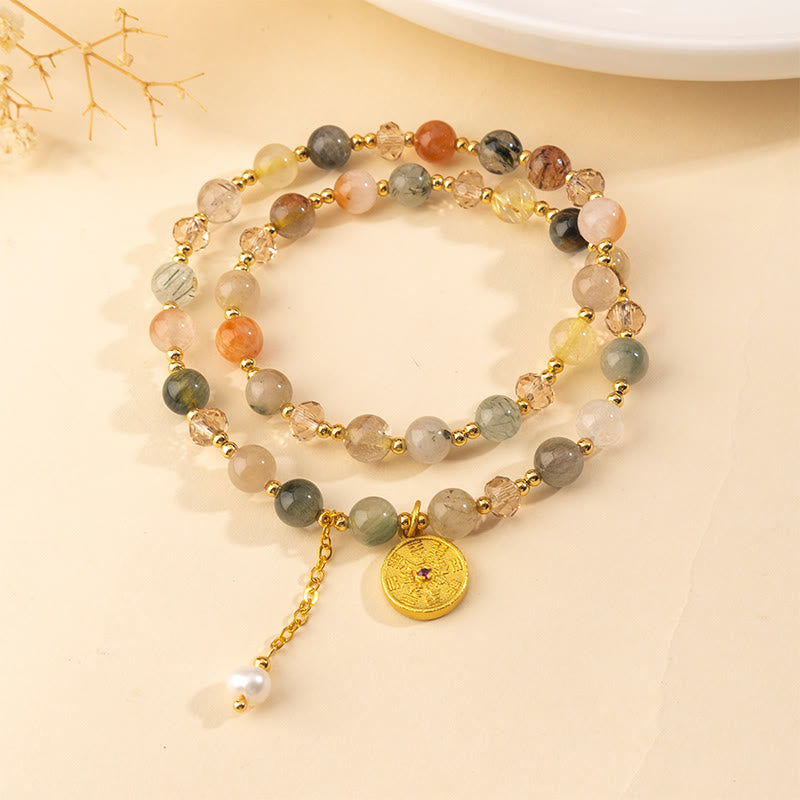 Buddha Stonesカラフル ルチルクォーツ 銅製 縁起物 ダブルラップブレスレット - image 1
