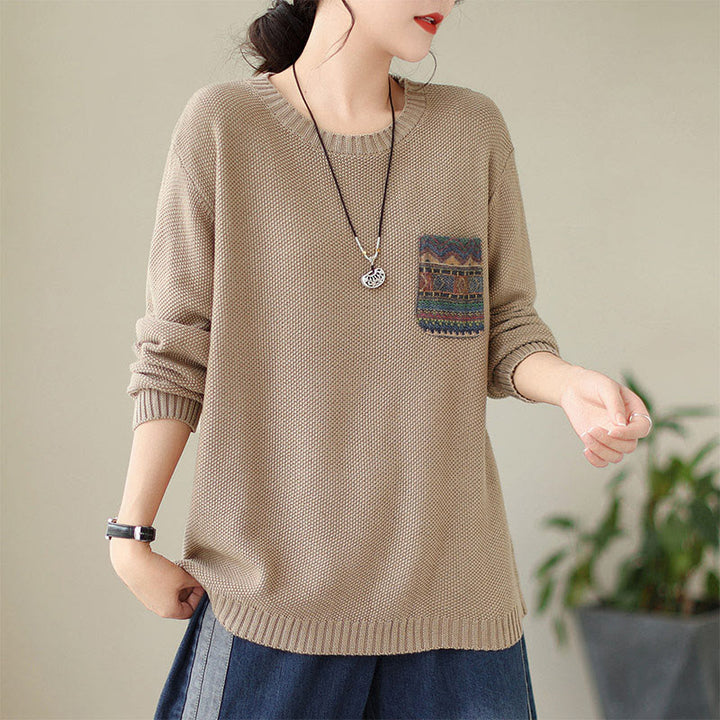 Buddha Stones秋 花柄 装飾ポケット柄 ニットコットン レディース 長袖セーター - 小麦 - US4-6、 UK/AU8-10、 EU36-38 (F) - image 3