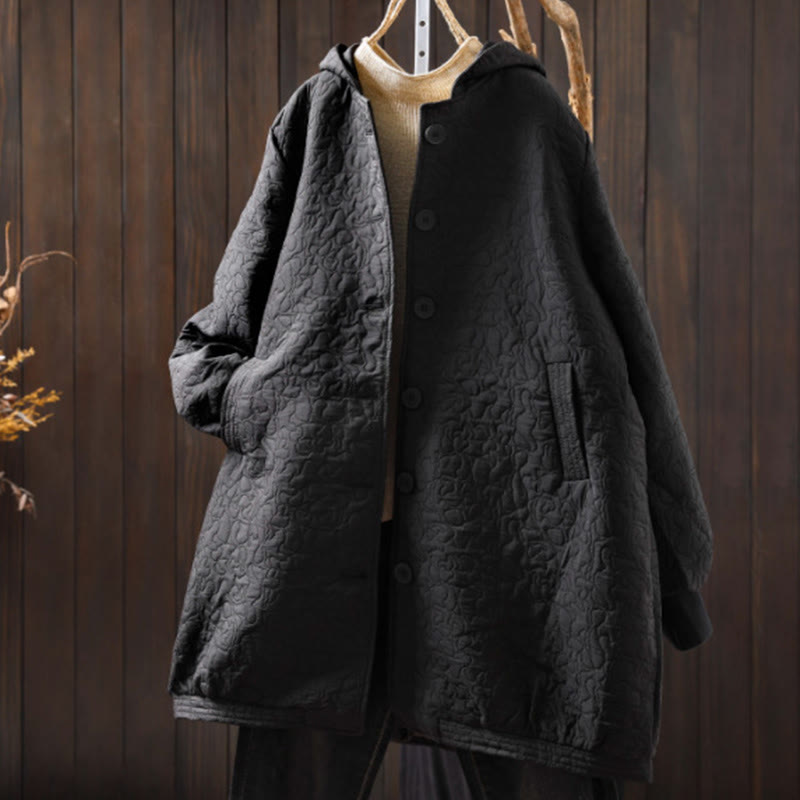 Buddha Stones秋ボタン 長袖 ミドル丈 ジャカード コットン レディース ジャケット ポケット付き - 黒 - US12、 UK/AU16、 EU44 (XL) - image 17