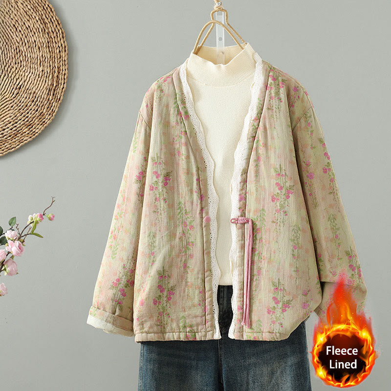 Buddha Stones冬用レースパッチワーク 長袖コットン レディース サーマルジャケット ポケット付き - ペールゴールデンロッド - US14、 UK/AU18、 EU46 (2XL) - image 1