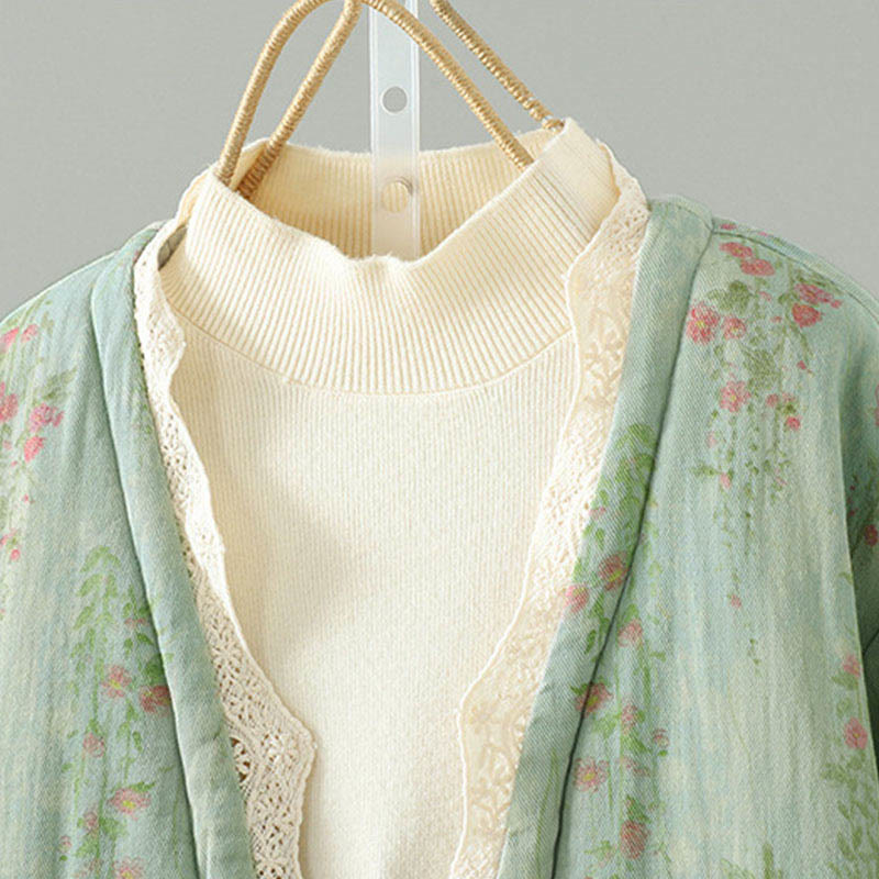 Buddha Stones冬用レースパッチワーク 長袖コットン レディース サーマルジャケット ポケット付き - image 17