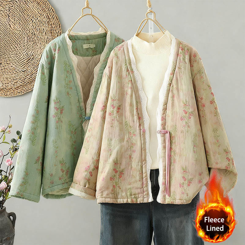 Buddha Stones冬用レースパッチワーク 長袖コットン レディース サーマルジャケット ポケット付き - image 21