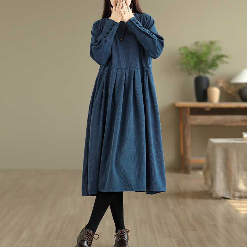 Buddha Stones秋冬 無地 ダークブルー 長袖 コーデュロイ ミディドレス ポケット付き - image 7