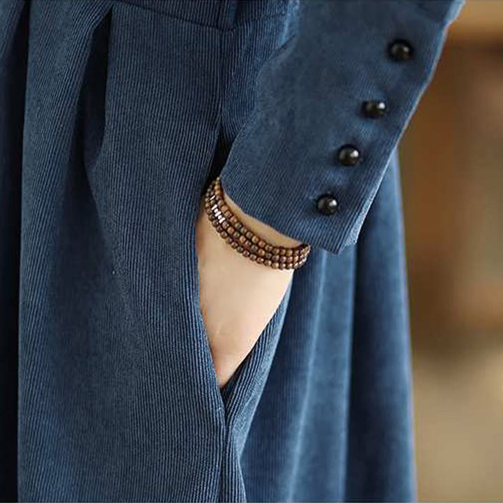 Buddha Stones秋冬 無地 ダークブルー 長袖 コーデュロイ ミディドレス ポケット付き - image 11