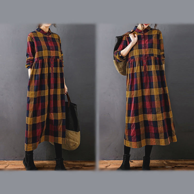 Buddha Stones通勤用パッチワークカラーチェック柄ロングスリーブコットンミディドレス - image 19