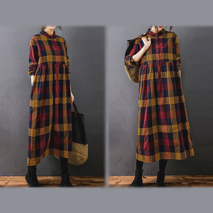 Buddha Stones通勤用パッチワークカラーチェック柄ロングスリーブコットンミディドレス - image 19