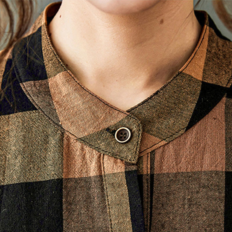 Buddha Stones通勤用パッチワークカラーチェック柄ロングスリーブコットンミディドレス - image 9