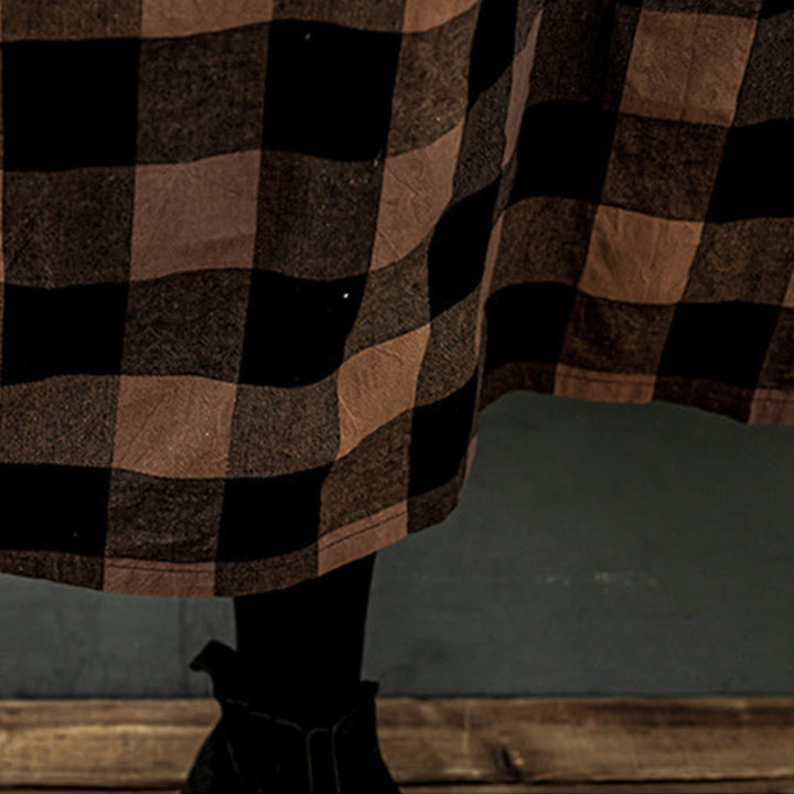 Buddha Stones通勤用パッチワークカラーチェック柄ロングスリーブコットンミディドレス - image 12