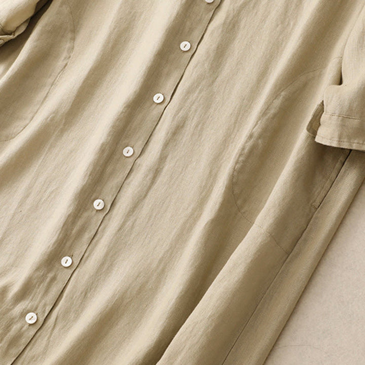 Buddha Stones秋の通勤用無地ボタンデザイン長袖コットンミディドレス（ポケット付き） - image 13