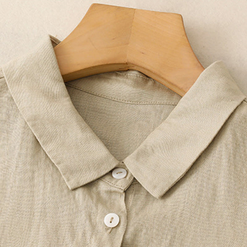 Buddha Stones秋の通勤用無地ボタンデザイン長袖コットンミディドレス（ポケット付き） - image 11