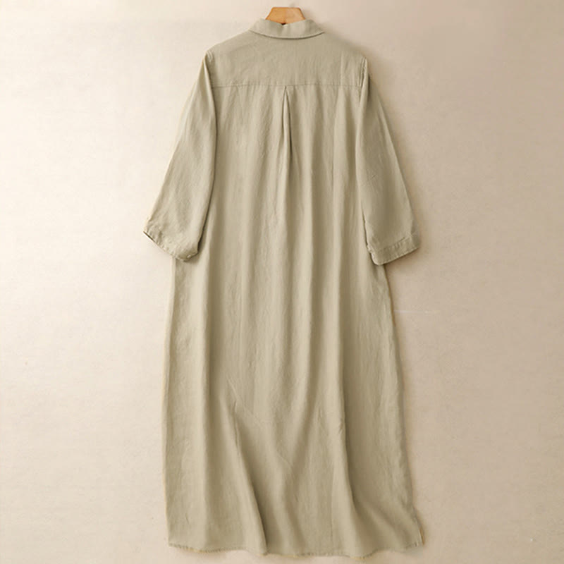 Buddha Stones秋の通勤用無地ボタンデザイン長袖コットンミディドレス（ポケット付き） - image 10