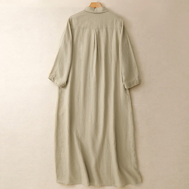 Buddha Stones秋の通勤用無地ボタンデザイン長袖コットンミディドレス（ポケット付き） - image 10