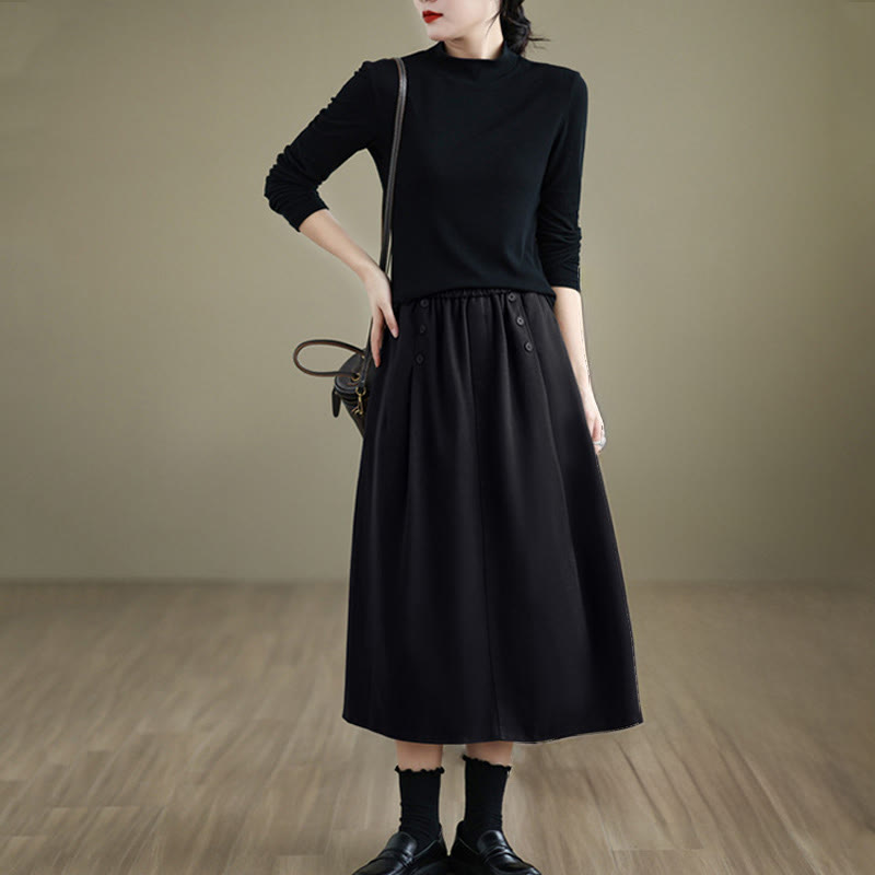 Buddha Stonesレディース 冬用 純色 コットン 7-8丈 伸縮性ウエストバンド ポケット付きスカート - image 14