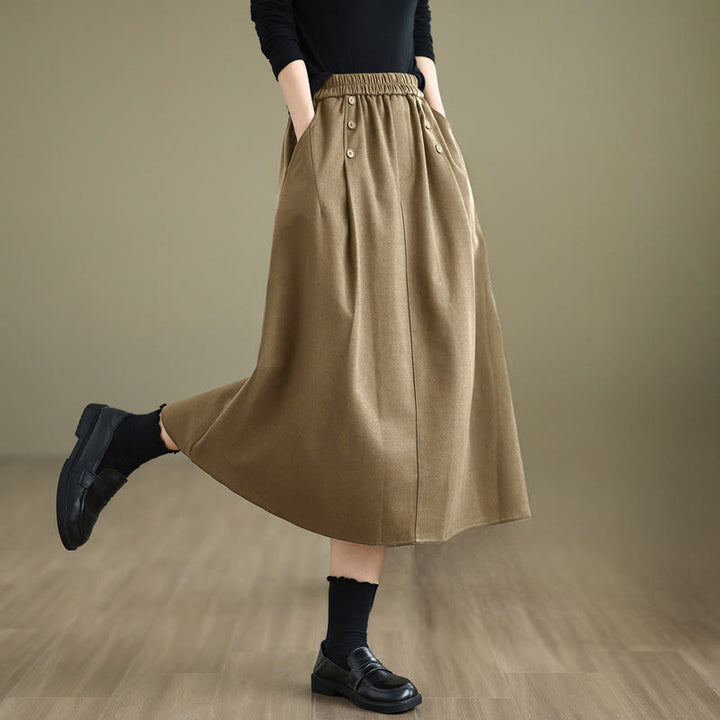 Buddha Stonesレディース 冬用 純色 コットン 7-8丈 伸縮性ウエストバンド ポケット付きスカート - ダークカーキ - US8-10，UK/AU12-14，EU40-42 (2XL) - image 10