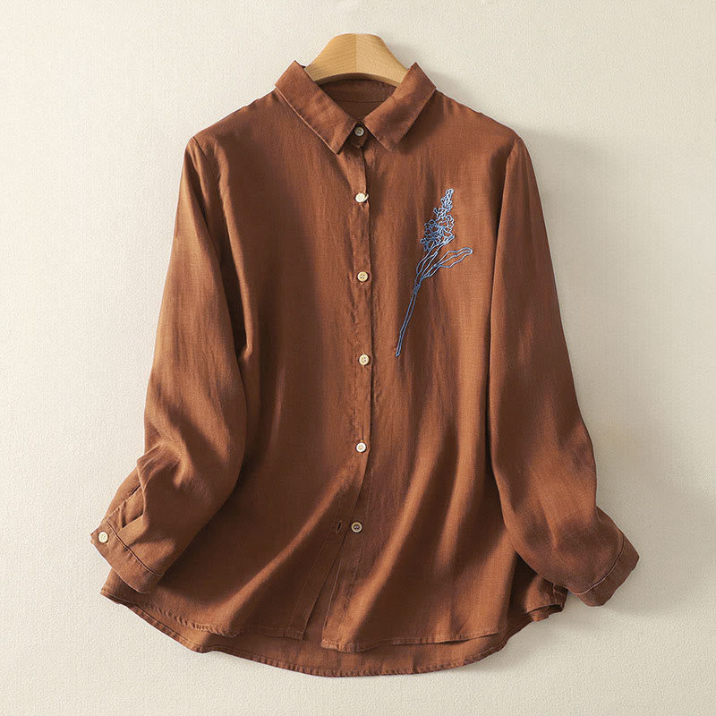 Buddha Stones春の刺繍フラワー 長袖 レディース ボタンシャツ - チョコレート - US8-10，UK/AU12-14，EU40-42 (2XL) - image 11