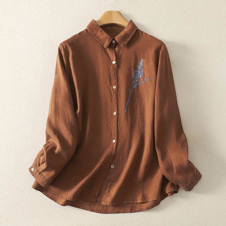 Buddha Stones春の刺繍フラワー 長袖 レディース ボタンシャツ - チョコレート - US8-10，UK/AU12-14，EU40-42 (2XL) - image 11