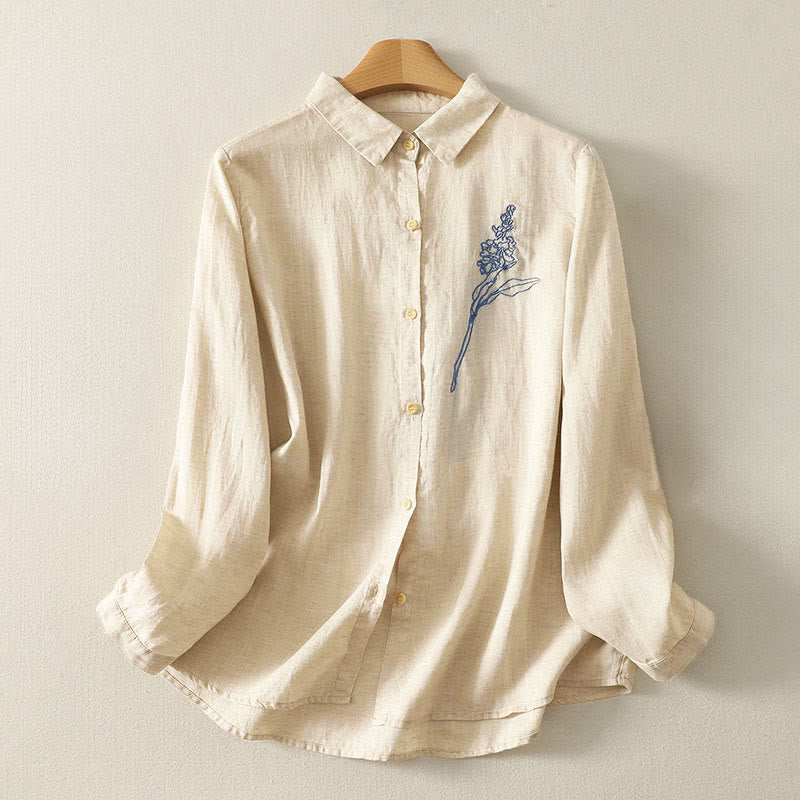 Buddha Stones春の刺繍フラワー 長袖 レディース ボタンシャツ - ライトイエロー - US8-10，UK/AU12-14，EU40-42 (2XL) - image 1