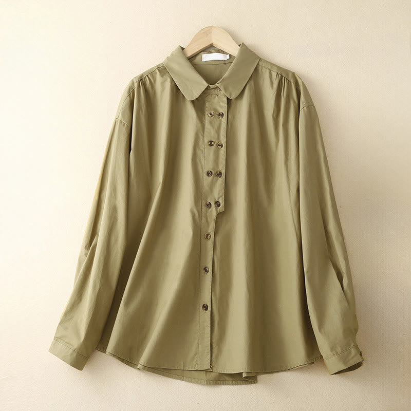 Buddha Stones無地 ダブルブレスト 長袖 レディース コットン ラペルシャツ - ダークカーキ - US12、 UK/AU16、 EU44 (2XL) - image 13