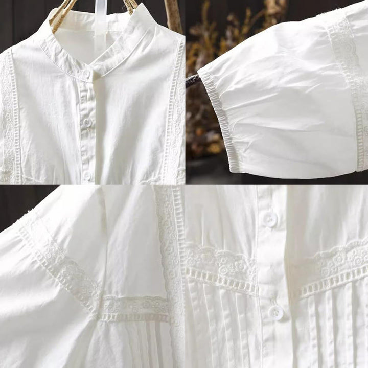 Buddha Stones秋冬 ホワイト アコーディオンプリーツデザイン ボタン レディース コットン 長袖シャツ - image 11