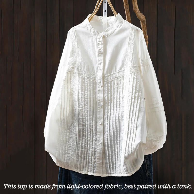 Buddha Stones秋冬 ホワイト アコーディオンプリーツデザイン ボタン レディース コットン 長袖シャツ - image 2