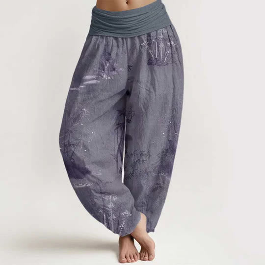Buddha Stonesコットンカジュアル竹岩水墨画レディース伸縮性ウエストハーレムパンツ - スレートグレー - US22、 UK/AU26、 EU54 (6XL) - image 0