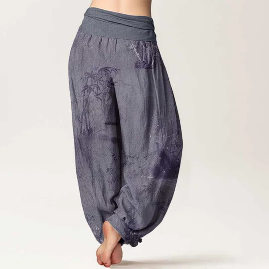 Buddha Stonesコットンカジュアル竹岩水墨画レディース伸縮性ウエストハーレムパンツ - image 2