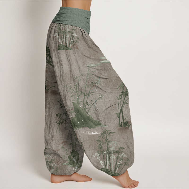 Buddha Stonesコットンカジュアル竹岩水墨画レディース伸縮性ウエストハーレムパンツ - image 5