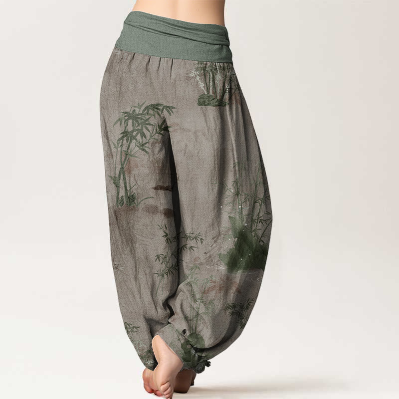 Buddha Stonesコットンカジュアル竹岩水墨画レディース伸縮性ウエストハーレムパンツ - image 6