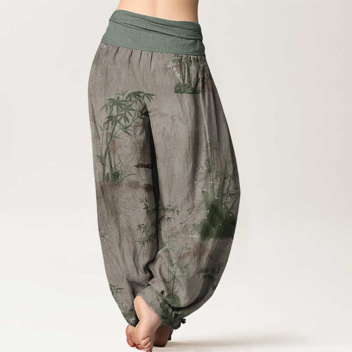 Buddha Stonesコットンカジュアル竹岩水墨画レディース伸縮性ウエストハーレムパンツ - image 6