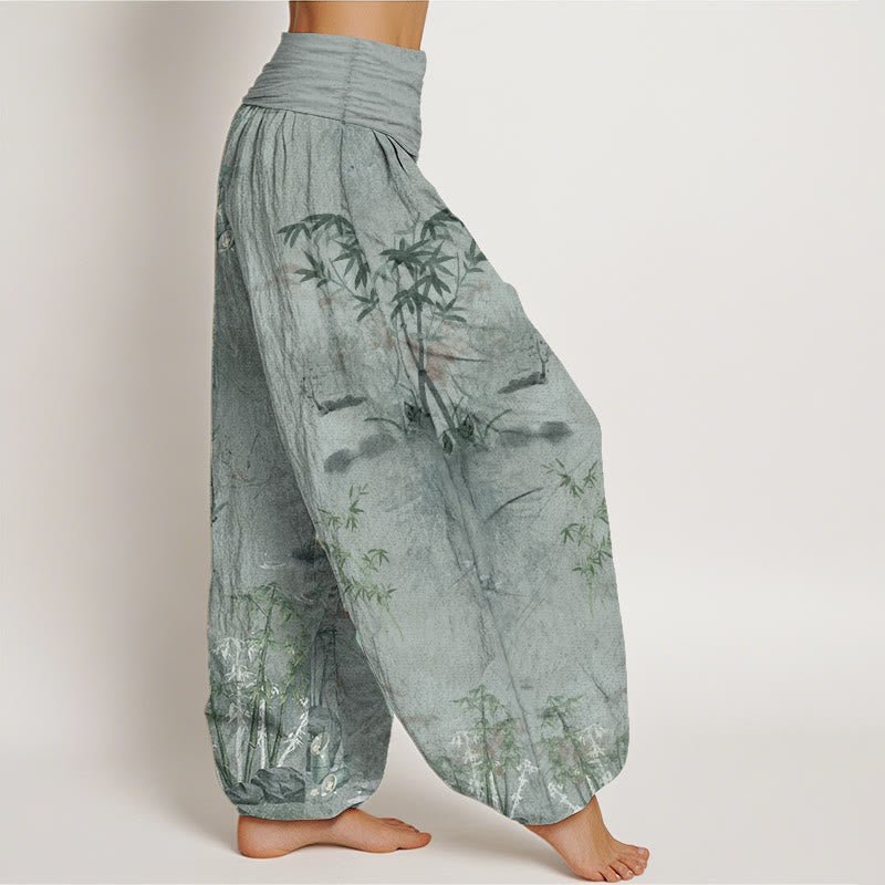 Buddha Stonesコットンカジュアル竹岩水墨画レディース伸縮性ウエストハーレムパンツ - image 8