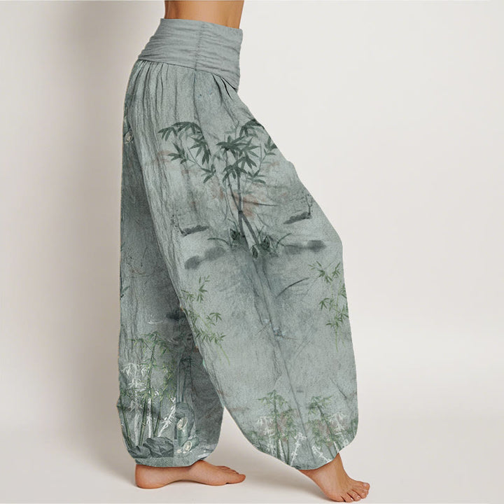 Buddha Stonesコットンカジュアル竹岩水墨画レディース伸縮性ウエストハーレムパンツ - image 8