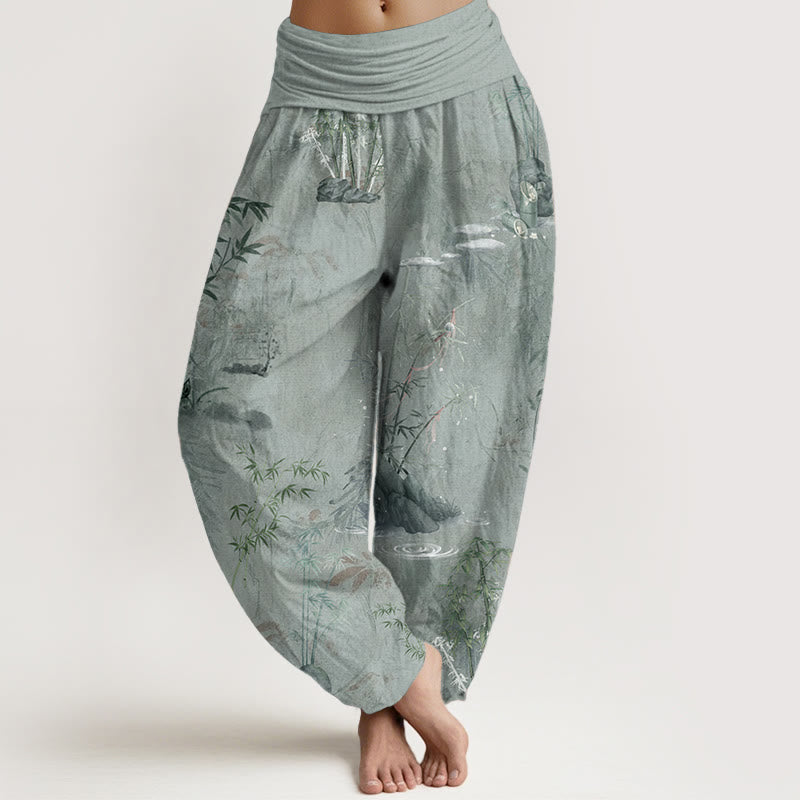 Buddha Stonesコットンカジュアル竹岩水墨画レディース伸縮性ウエストハーレムパンツ - ダークシーグリーン - US22、 UK/AU26、 EU54 (6XL) - image 7