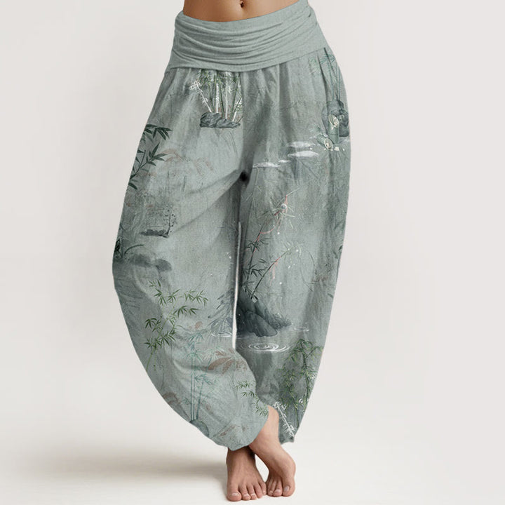 Buddha Stonesコットンカジュアル竹岩水墨画レディース伸縮性ウエストハーレムパンツ - ダークシーグリーン - US22、 UK/AU26、 EU54 (6XL) - image 7