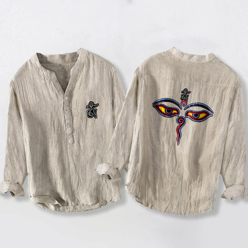 Buddha Stones、オームシンボル、目柄、ハーフボタン、メンズコットンリネン長袖シャツ - リネン - US/UK/AU50、EU60 (5XL) - image 3