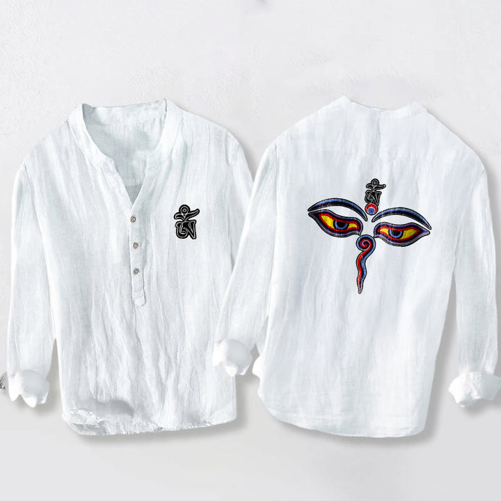 Buddha Stones、オームシンボル、目柄、ハーフボタン、メンズコットンリネン長袖シャツ - 白 - US/UK/AU50、EU60 (5XL) - image 6