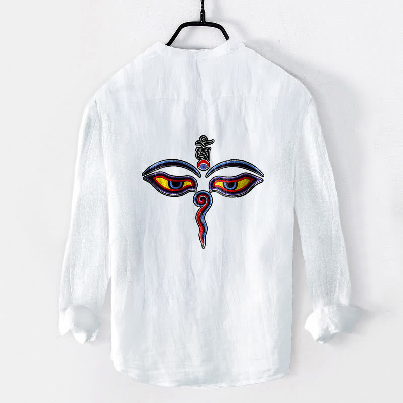 Buddha Stones、オームシンボル、目柄、ハーフボタン、メンズコットンリネン長袖シャツ - image 8