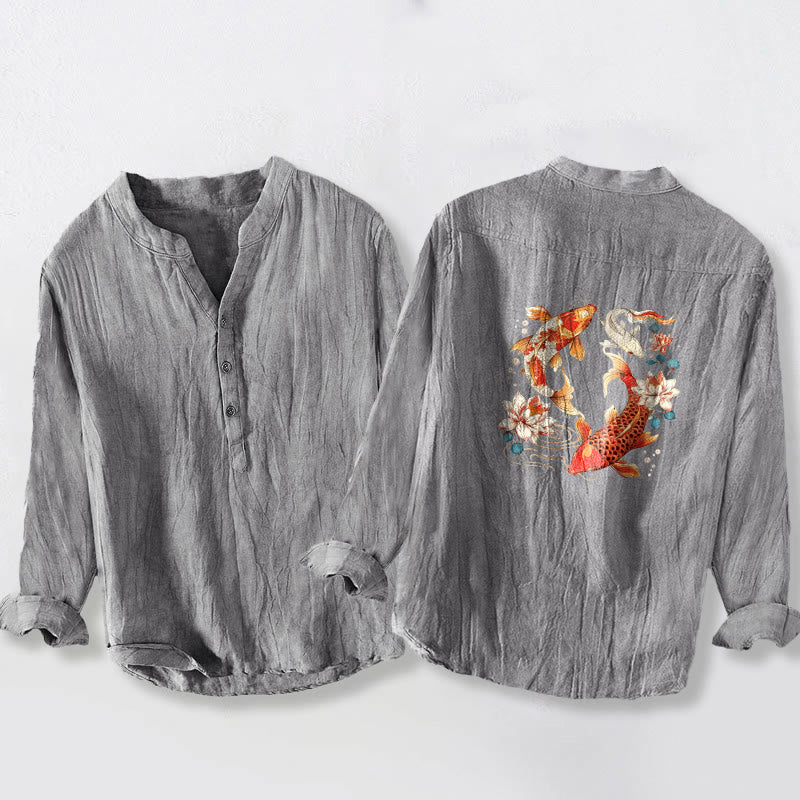 Buddha Stones明るい鯉柄 ハーフボタン メンズ コットンリネン 長袖シャツ - image 2