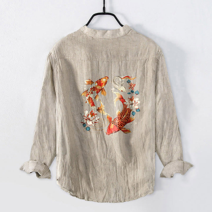 Buddha Stones明るい鯉柄 ハーフボタン メンズ コットンリネン 長袖シャツ - リネン - US/UK/AU50、EU60 (5XL) - image 3