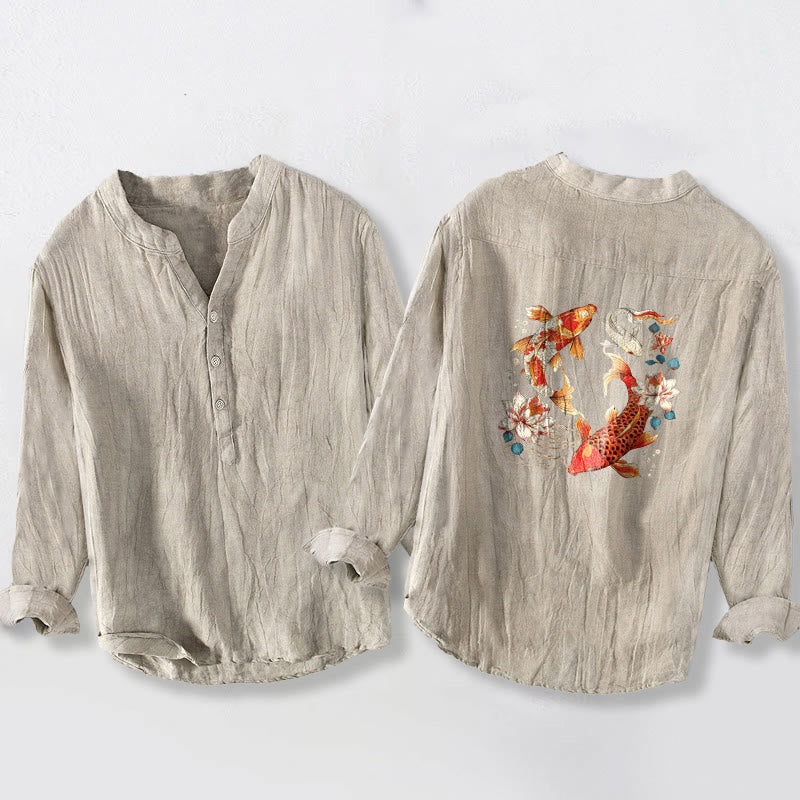 Buddha Stones明るい鯉柄 ハーフボタン メンズ コットンリネン 長袖シャツ - image 5