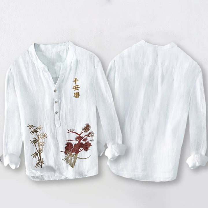 Buddha Stonesと漢字、松と竹のハーフボタンメンズコットンリネン長袖シャツ - image 2